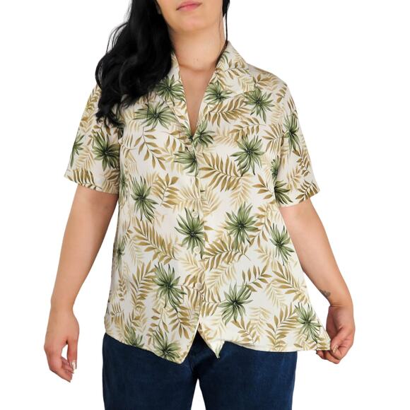 Alfred Dunner 1980s Vintage Hawaiian Palm Leaf Tan Button Down Shirt Large - Picture 1 of 5